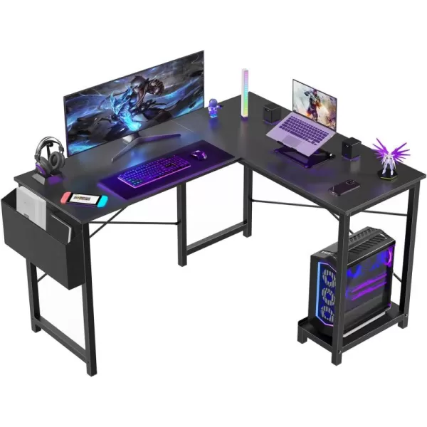 imageSweetcrispy L Shaped Computer Desk  Gaming Table Corner Desk 50 Inch PC Writing Black Desk Study Desks with Wooden Desktop CPU Stand Side Bag Reversible for Home Office Dorm Small SpaceBlack