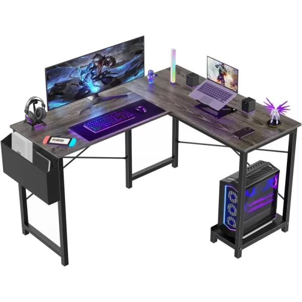 imageSweetcrispy L Shaped Computer Desk  Gaming Table Corner Desk 50 Inch PC Writing Black Desk Study Desks with Wooden Desktop CPU Stand Side Bag Reversible for Home Office Dorm Small SpaceGrey