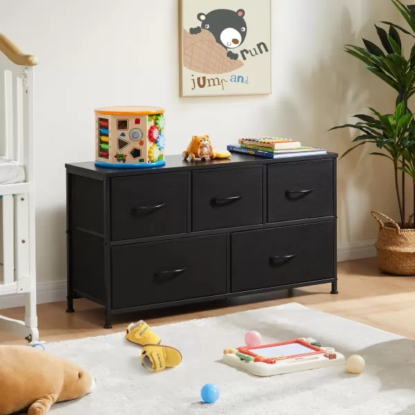 imageSweetcrispy 5 Drawers Dresser for Bedroom Kidsroom Furniture Small Chest Tower Storage Organizer Units for Clothing Closet Fabric Bins Wood Top Steel Frame Lightweight Assemble Tools IncludeCharcoal Black