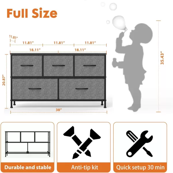 imageSweetcrispy 5 Drawers Dresser for Bedroom Kidsroom Furniture Small Chest Tower Storage Organizer Units for Clothing Closet Fabric Bins Wood Top Steel Frame Lightweight Assemble Tools IncludeDarkgrey