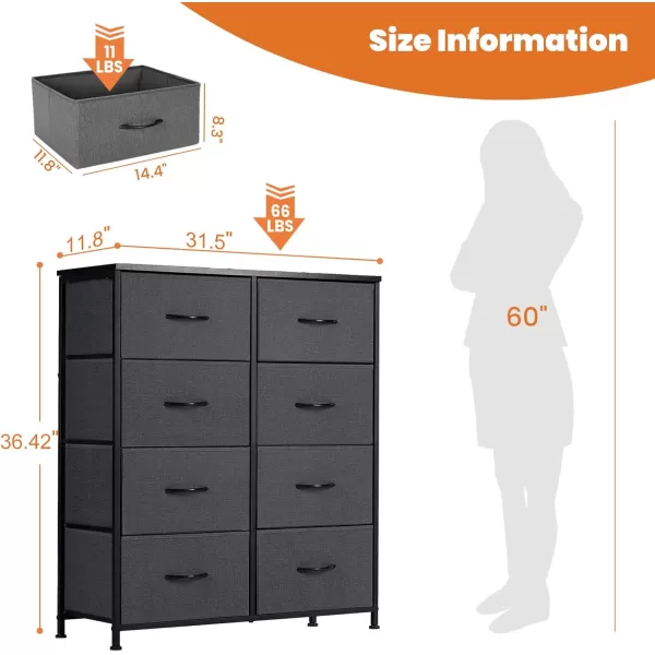 imageSweetcrispy Dresser Dresser for Bedroom Drawer Organizer Storage Drawers Fabric Storage Tower with 8 Drawers Chest of Drawers with Steel Frame Wood Top for Nursery Living Room ClosetGrey