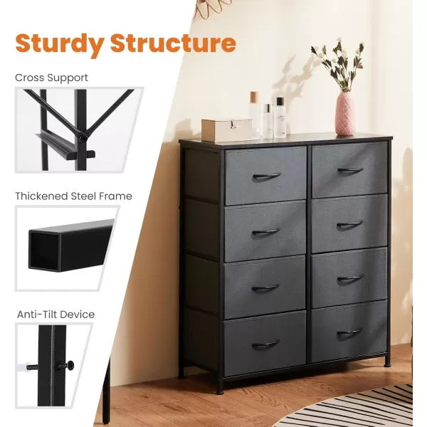 imageSweetcrispy Dresser Dresser for Bedroom Drawer Organizer Storage Drawers Fabric Storage Tower with 8 Drawers Chest of Drawers with Steel Frame Wood Top for Nursery Living Room ClosetGrey