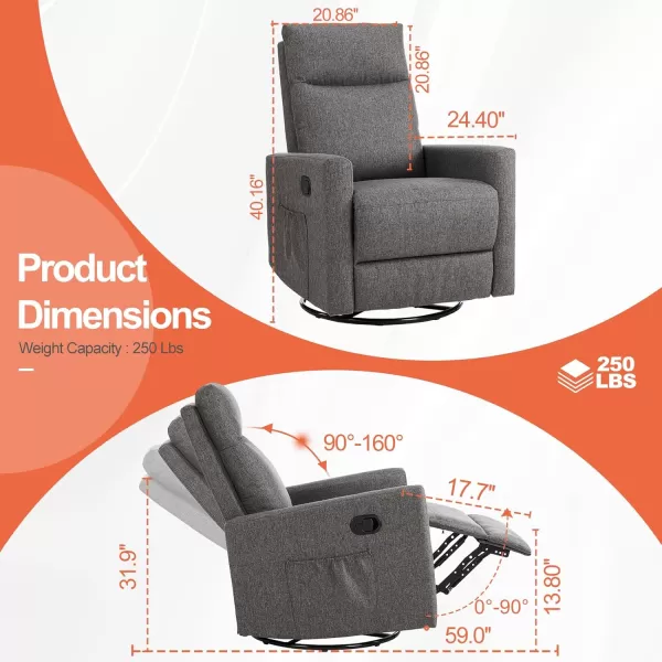 imageSweetcrispy Recliner Chair Swivel Rocking Glider Rocker Recliner Nursery Chair with Extra Large Footrest for Living Room High Back Upholstered Deep Seat GreyDark Grey