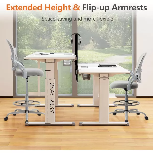 imageSweetcrispy Tall Drafting Desk Chair  Ergonomic High Stool Computer with Adjustable Height and Comfy Lumbar Support Office Rolling Counter for Standing Desk with Flipup Arm and Footrest BlackLight Grey