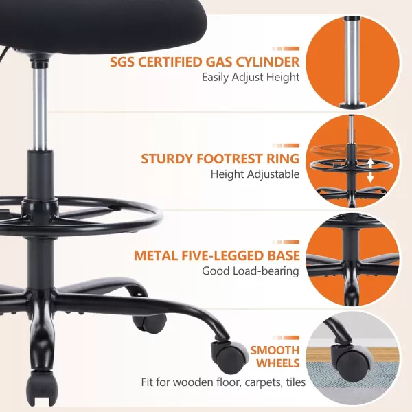 imageSweetcrispy Tall Drafting Desk Chair  Ergonomic High Stool Computer with Adjustable Height and Comfy Lumbar Support Office Rolling Counter for Standing Desk with Flipup Arm and Footrest BlackDark Black