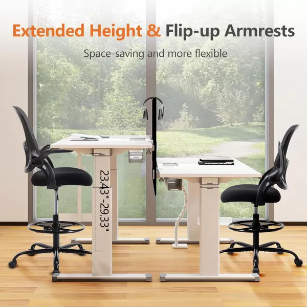 imageSweetcrispy Tall Drafting Desk Chair  Ergonomic High Stool Computer with Adjustable Height and Comfy Lumbar Support Office Rolling Counter for Standing Desk with Flipup Arm and Footrest BlackDark Black