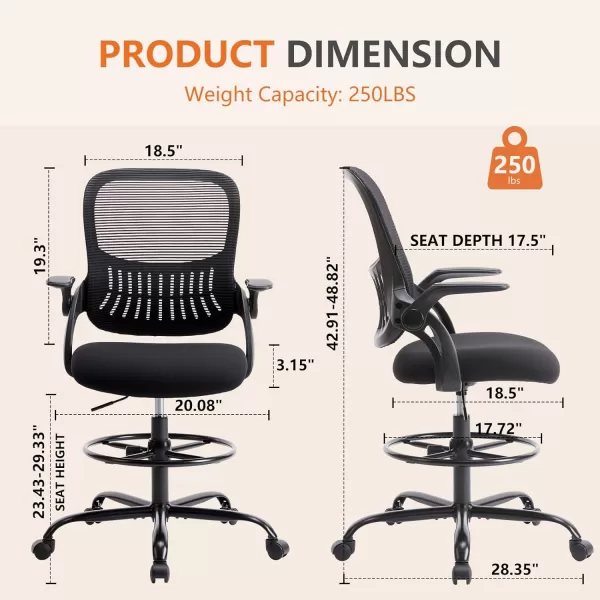 imageSweetcrispy Tall Drafting Desk Chair  Ergonomic High Stool Computer with Adjustable Height and Comfy Lumbar Support Office Rolling Counter for Standing Desk with Flipup Arm and Footrest BlackDark Black