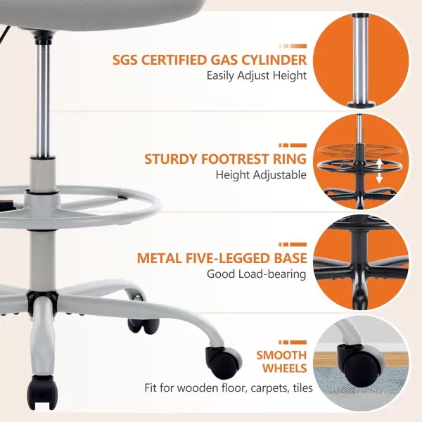 imageSweetcrispy Tall Drafting Desk Chair  Ergonomic High Stool Computer with Adjustable Height and Comfy Lumbar Support Office Rolling Counter for Standing Desk with Flipup Arm and Footrest BlackLight Grey