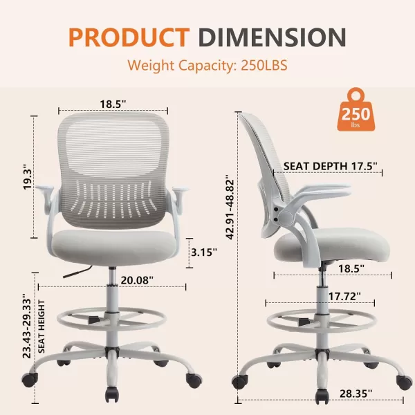 imageSweetcrispy Tall Drafting Desk Chair  Ergonomic High Stool Computer with Adjustable Height and Comfy Lumbar Support Office Rolling Counter for Standing Desk with Flipup Arm and Footrest BlackLight Grey