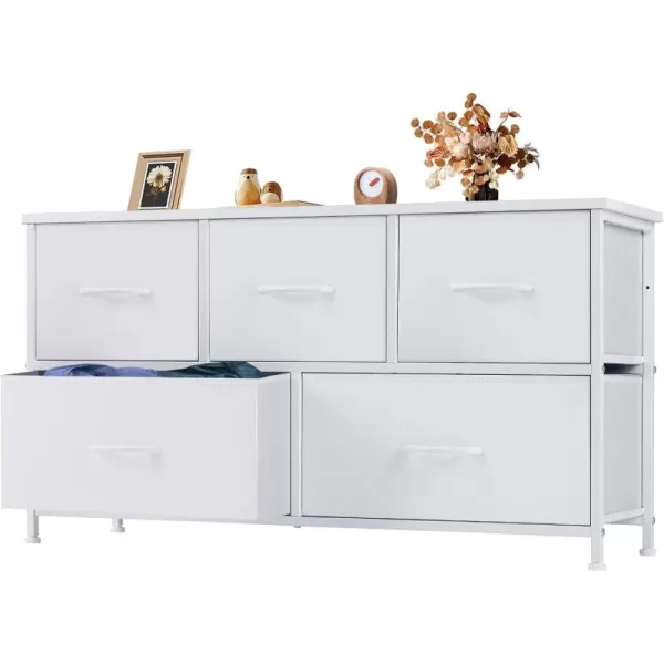 imageSweetcrispy 5 Drawers Dresser for Bedroom Kidsroom Furniture Small Chest Tower Storage Organizer Units for Clothing Closet Fabric Bins Wood Top Steel Frame Lightweight Assemble Tools IncludeClassic White