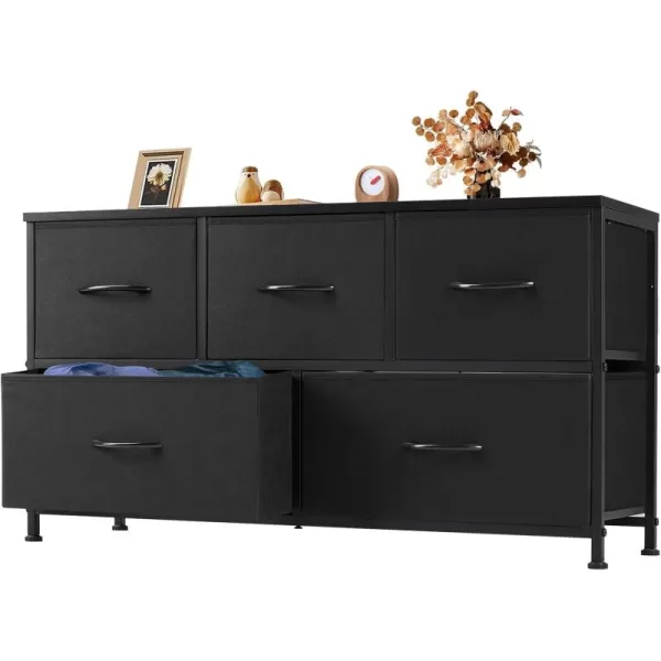 imageSweetcrispy 5 Drawers Dresser for Bedroom Kidsroom Furniture Small Chest Tower Storage Organizer Units for Clothing Closet Fabric Bins Wood Top Steel Frame Lightweight Assemble Tools IncludeCharcoal Black