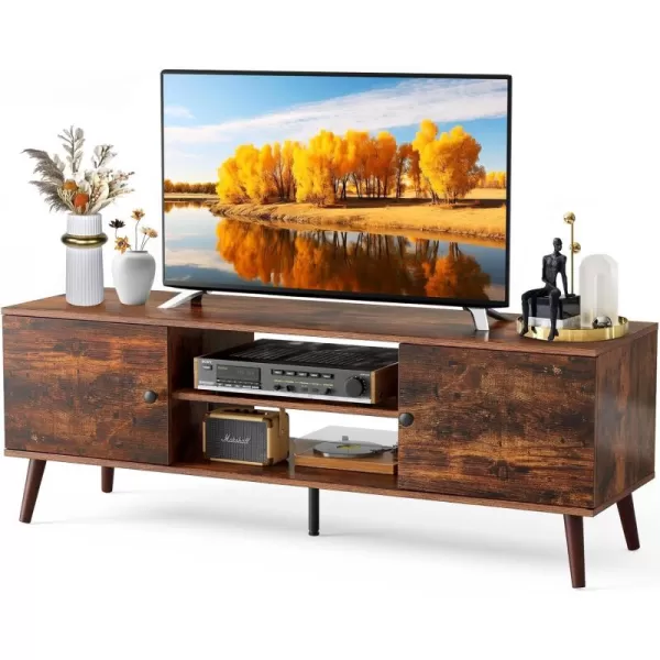 imageSweetcrispy TV Stand for 55 60 inch Television Entertainment Center with Storage 2 Cabinet Media Console Table Soft Hinge Door with Handle Wood Feet Living Room Bedroom Furniture Rust BrownBrown