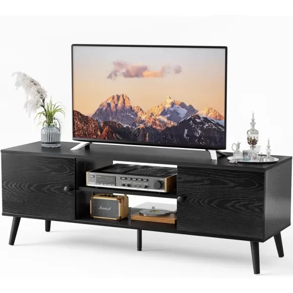 imageSweetcrispy TV Stand for 55 60 inch Television Entertainment Center with Storage 2 Cabinet Media Console Table Soft Hinge Door with Handle Wood Feet Living Room Bedroom Furniture Rust BrownDark Black