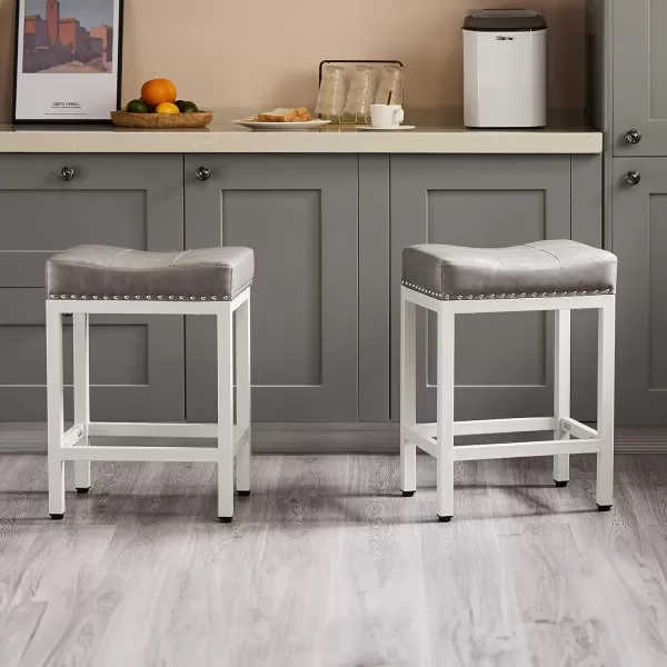 imageSweetcrispy 24 inch Bar Stools Set of 4 Upholstered Modern Counter Height Bar Stools for Kitchen Island Modern PU Leather Sadless Stools Chair with Metal Base and Footrest GrayWhite With Light Grey Cushion