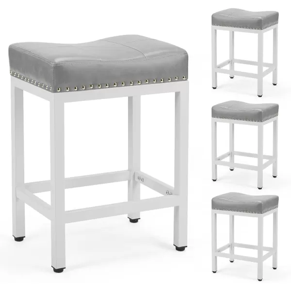 imageSweetcrispy 24 inch Bar Stools Set of 4 Upholstered Modern Counter Height Bar Stools for Kitchen Island Modern PU Leather Sadless Stools Chair with Metal Base and Footrest GrayWhite With Light Grey Cushion