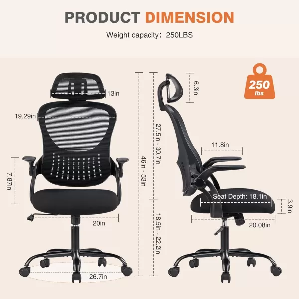 imageSweetcrispy Office Computer Desk Chair Ergonomic HighBack Mesh Rolling Work Chairs with Wheels and Adjustable Headrests Comfortable Lumbar Support Comfy Flipup Arms for HomeBedroomStudy BlackBlack