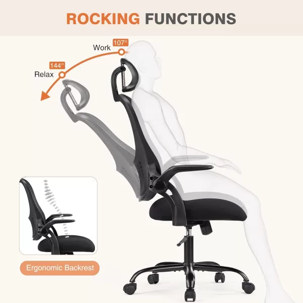 imageSweetcrispy Office Computer Desk Chair Ergonomic HighBack Mesh Rolling Work Chairs with Wheels and Adjustable Headrests Comfortable Lumbar Support Comfy Flipup Arms for HomeBedroomStudy BlackBlack