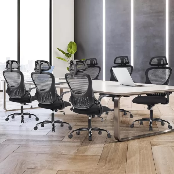 imageSweetcrispy Office Computer Desk Chair Ergonomic HighBack Mesh Rolling Work Chairs with Wheels and Adjustable Headrests Comfortable Lumbar Support Comfy Flipup Arms for HomeBedroomStudy BlackBlack