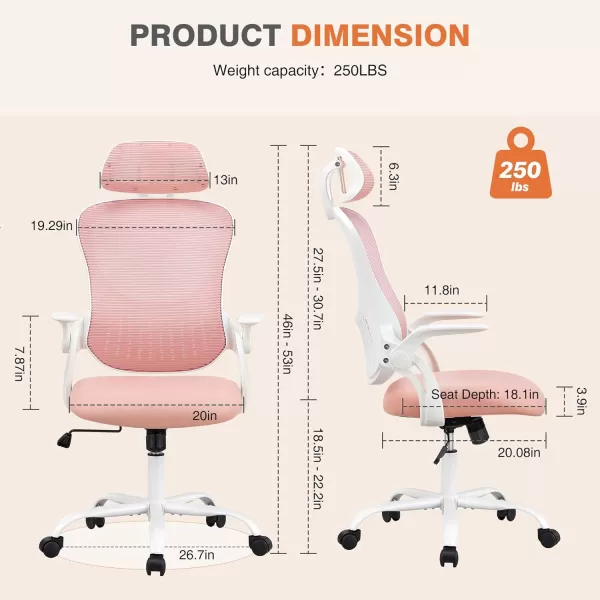 imageSweetcrispy Office Computer Desk Chair Ergonomic HighBack Mesh Rolling Work Chairs with Wheels and Adjustable Headrests Comfortable Lumbar Support Comfy Flipup Arms for HomeBedroomStudy BlackPink