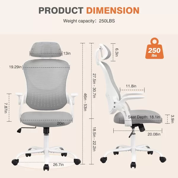 imageSweetcrispy Office Computer Desk Chair Ergonomic HighBack Mesh Rolling Work Chairs with Wheels and Adjustable Headrests Comfortable Lumbar Support Comfy Flipup Arms for HomeBedroomStudy BlackGrey