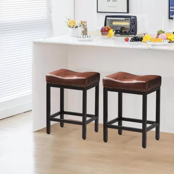 imageSweetcrispy 24 inch Bar Stools Set of 4 Upholstered Modern Counter Height Bar Stools for Kitchen Island Modern PU Leather Sadless Stools Chair with Metal Base and Footrest GrayBlack With Brown Cushion