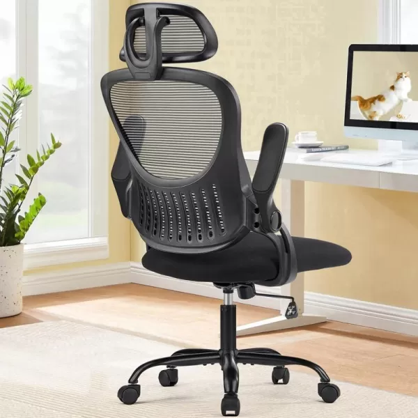 imageSweetcrispy Office Computer Desk Chair Ergonomic HighBack Mesh Rolling Work Chairs with Wheels and Adjustable Headrests Comfortable Lumbar Support Comfy Flipup Arms for HomeBedroomStudy BlackBlack