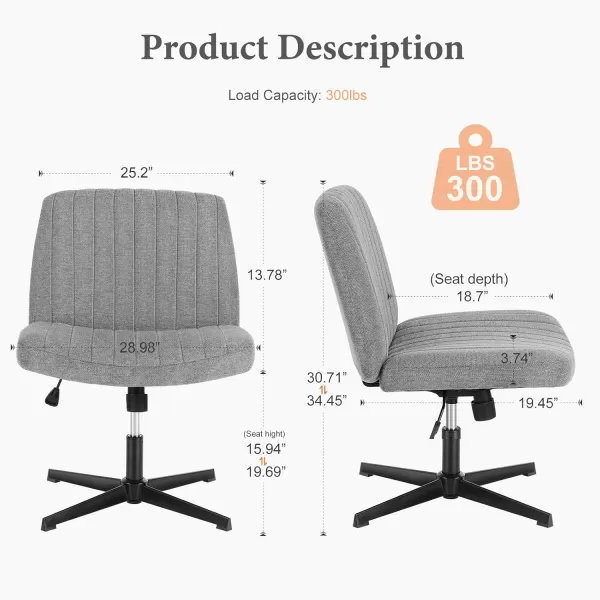 imageSweetcrispy Criss Cross Chair Legged Armless Office Desk Chair No Wheels Swivel Vanity Chair Height Adjustable Wide Seat Computer Task Chair Fabric Vanity Modern Home Chair WhiteGrey