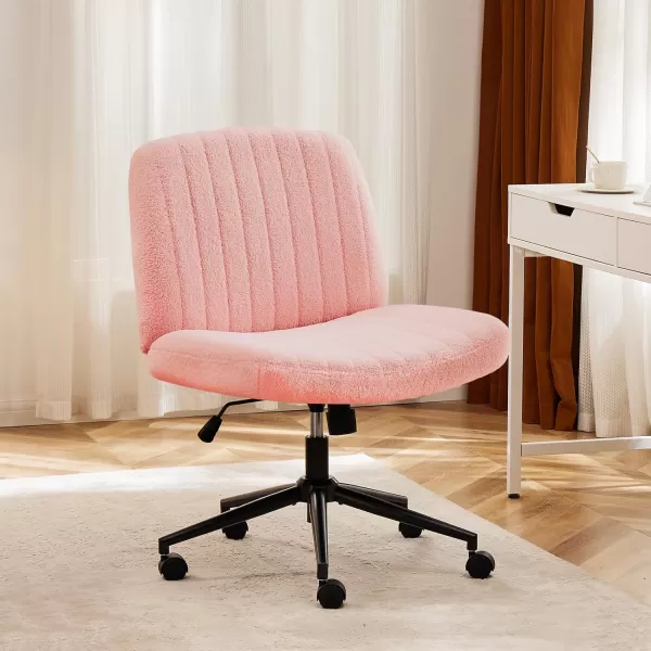 imageSweetcrispy Criss Cross Chair Legged Armless Office Desk Chair No Wheels Swivel Vanity Chair Height Adjustable Wide Seat Computer Task Chair Fabric Vanity Modern Home Chair WhitePink