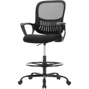 imageSweetcrispy Home Office Drafting Chair  Ergonomic High Stool Computer with Adjustable Height and Comfy Lumbar Support Tall Rolling Task for Standing Desk with Fixed Arm and Footrest BlackDark Black