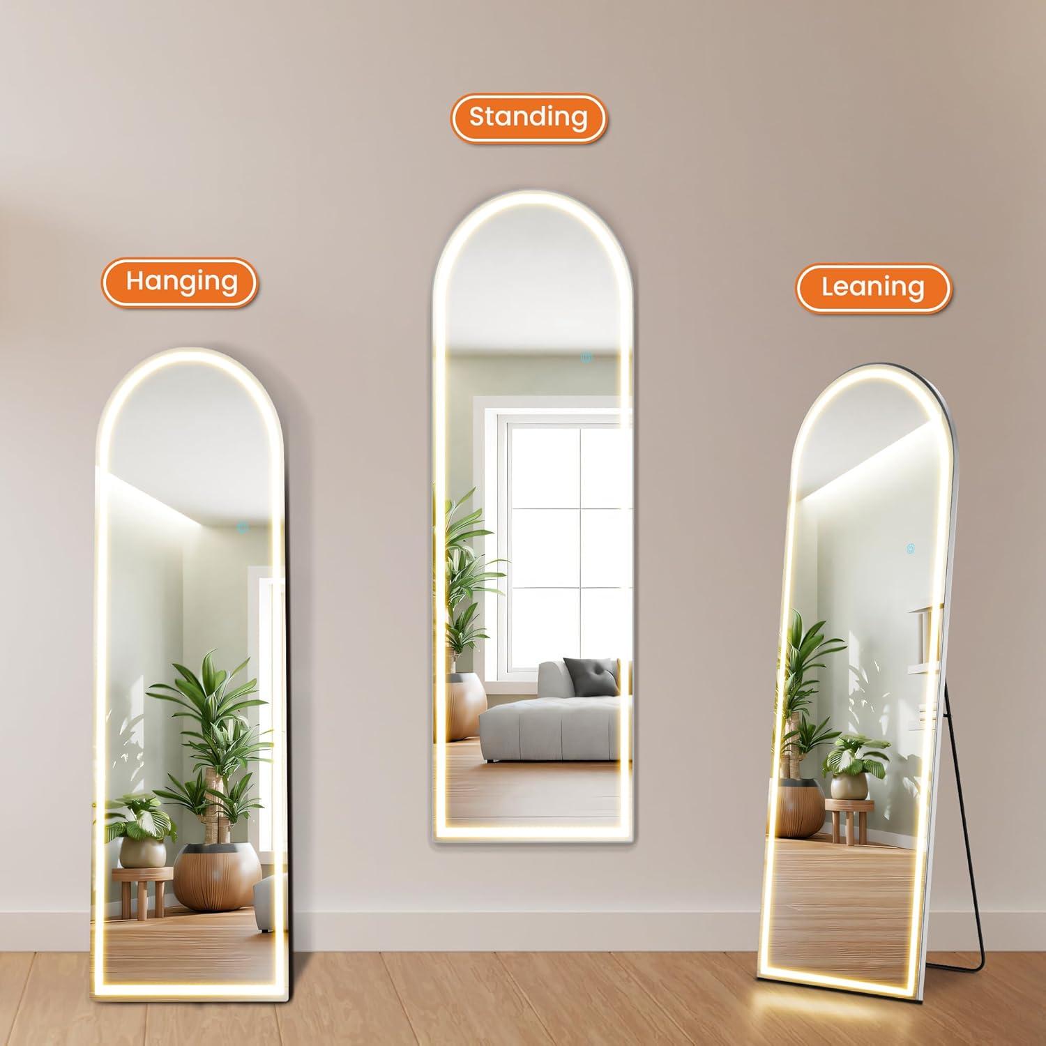 image:imageSweetcrispy Full Length Mirror with LED Lights 61x17 Lighted Floor Mirror with Dimming amp 3 Color Lighting Stand for Bedroom Dressing RoomArched