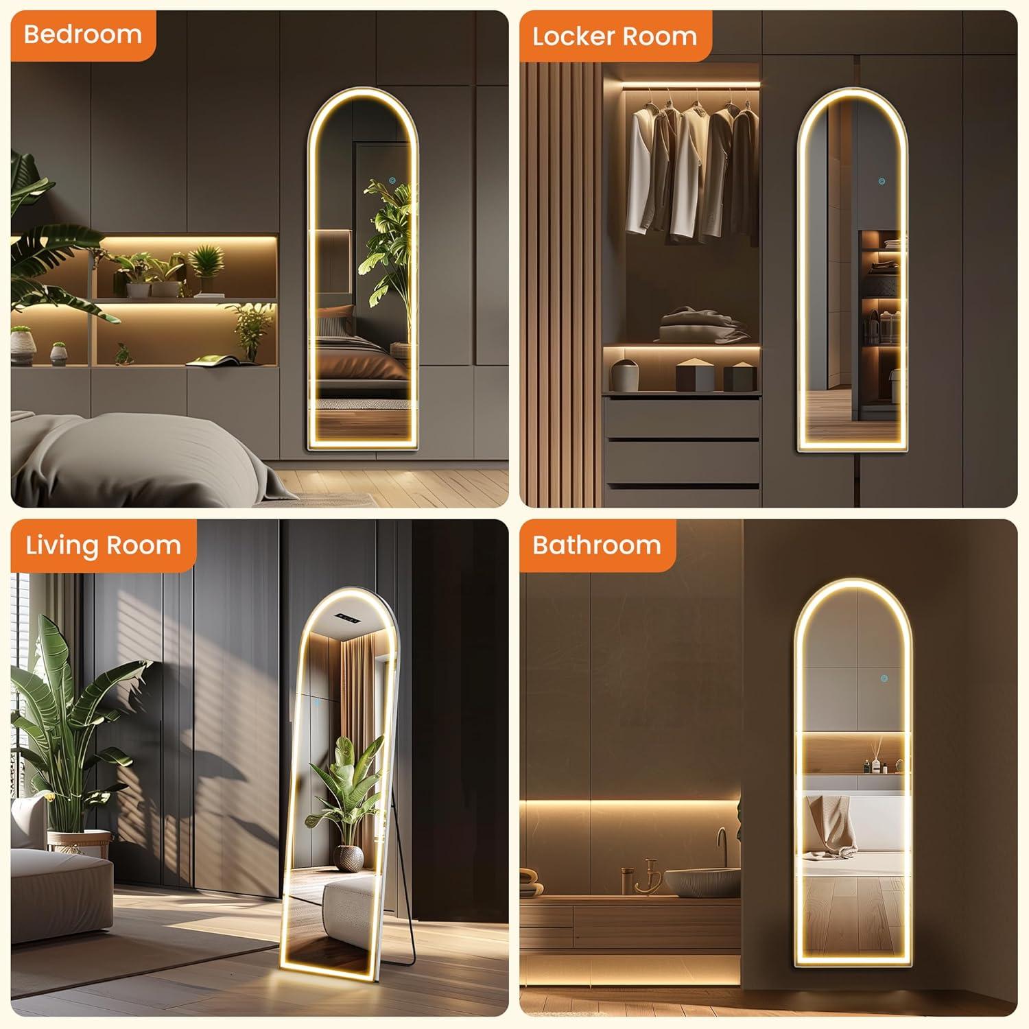 image:imageSweetcrispy Full Length Mirror with LED Lights 61x17 Lighted Floor Mirror with Dimming amp 3 Color Lighting Stand for Bedroom Dressing RoomArched