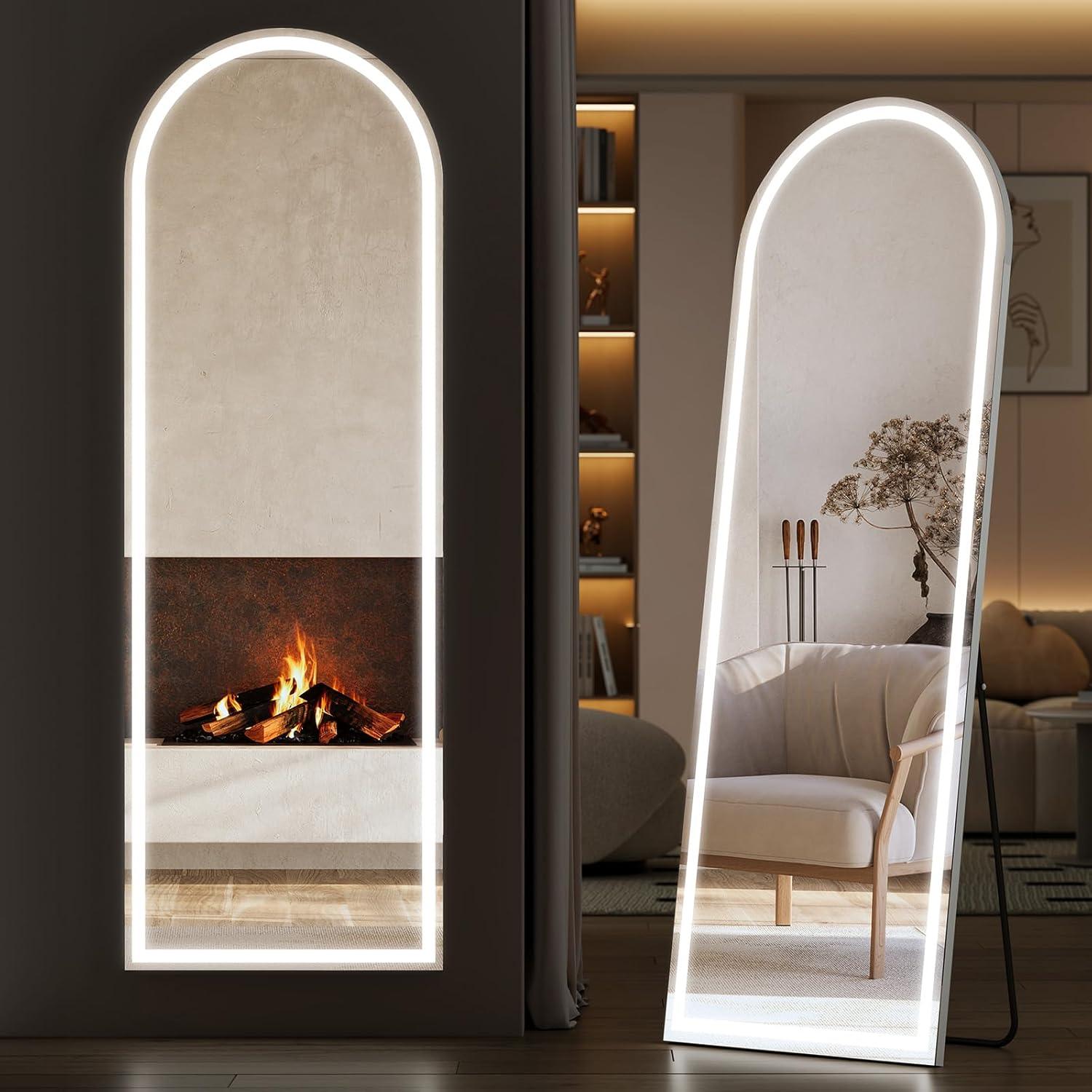 image:imageSweetcrispy Full Length Mirror with LED Lights 61x17 Lighted Floor Mirror with Dimming amp 3 Color Lighting Stand for Bedroom Dressing RoomArched