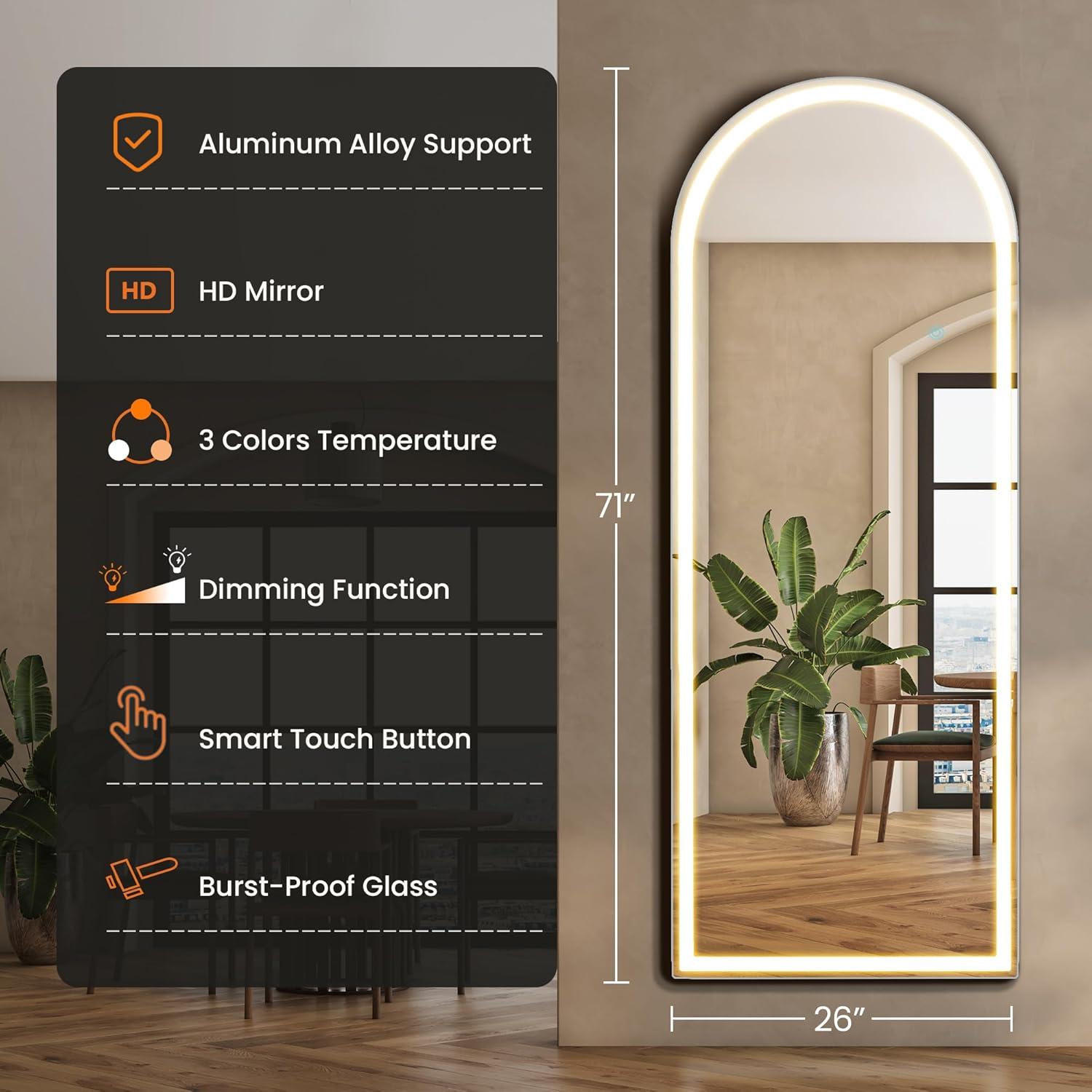 image:imageSweetcrispy Full Length Mirror with LED Lights 61x17 Lighted Floor Mirror with Dimming amp 3 Color Lighting Stand for Bedroom Dressing RoomArched