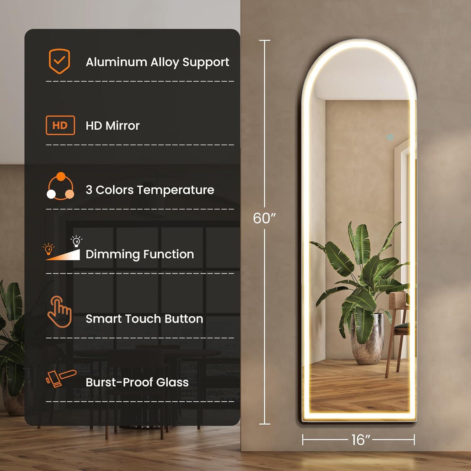 image:imageSweetcrispy Full Length Mirror with LED Lights 61x17 Lighted Floor Mirror with Dimming amp 3 Color Lighting Stand for Bedroom Dressing RoomArched