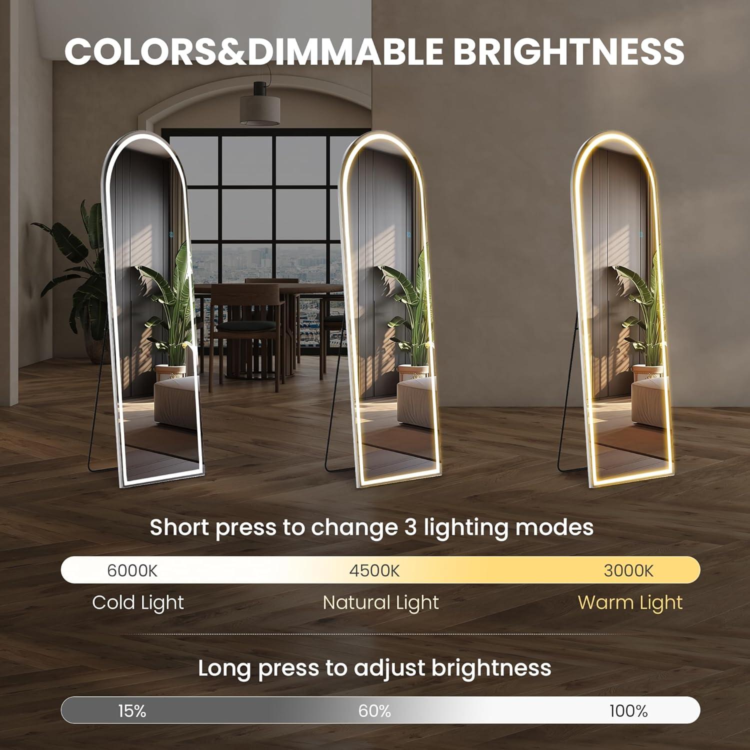 image:imageSweetcrispy Full Length Mirror with LED Lights 61x17 Lighted Floor Mirror with Dimming amp 3 Color Lighting Stand for Bedroom Dressing RoomArched