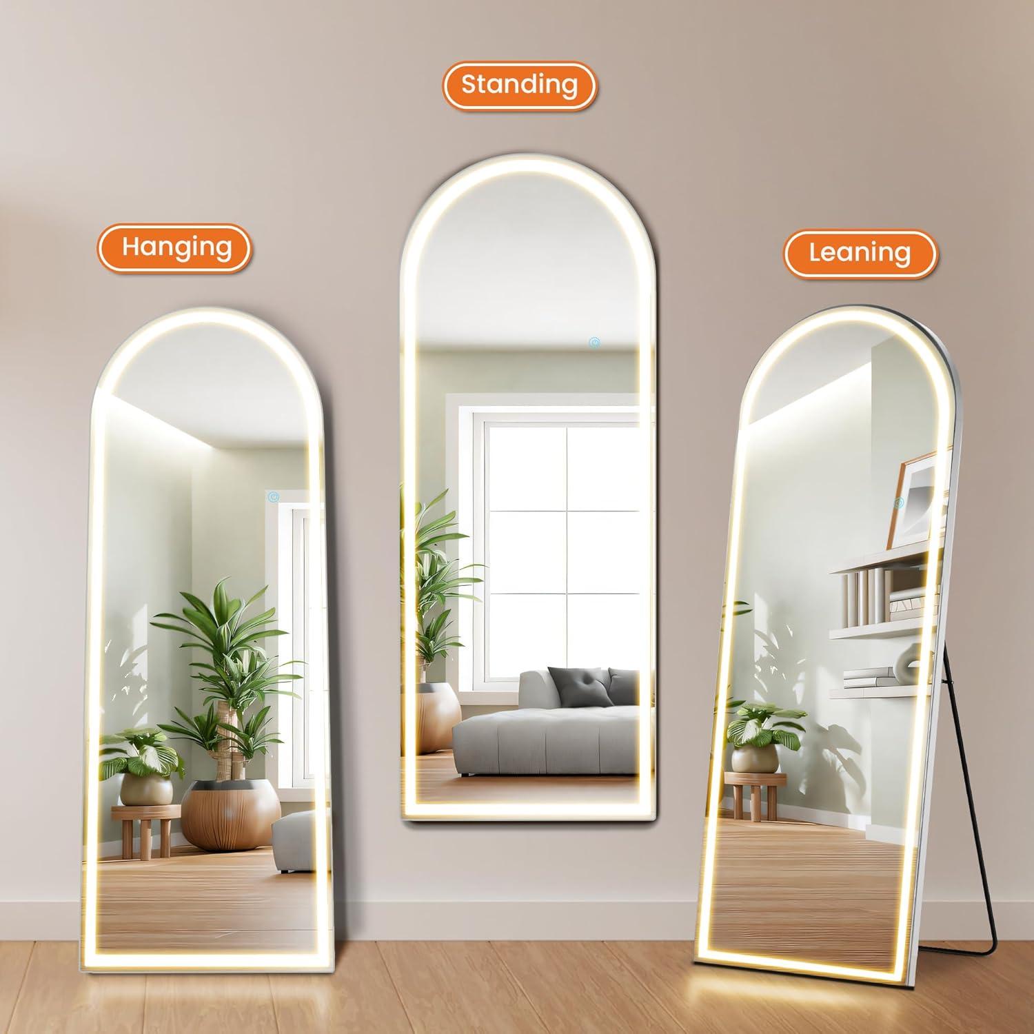 image:imageSweetcrispy Full Length Mirror with LED Lights 61x17 Lighted Floor Mirror with Dimming amp 3 Color Lighting Stand for Bedroom Dressing RoomArched