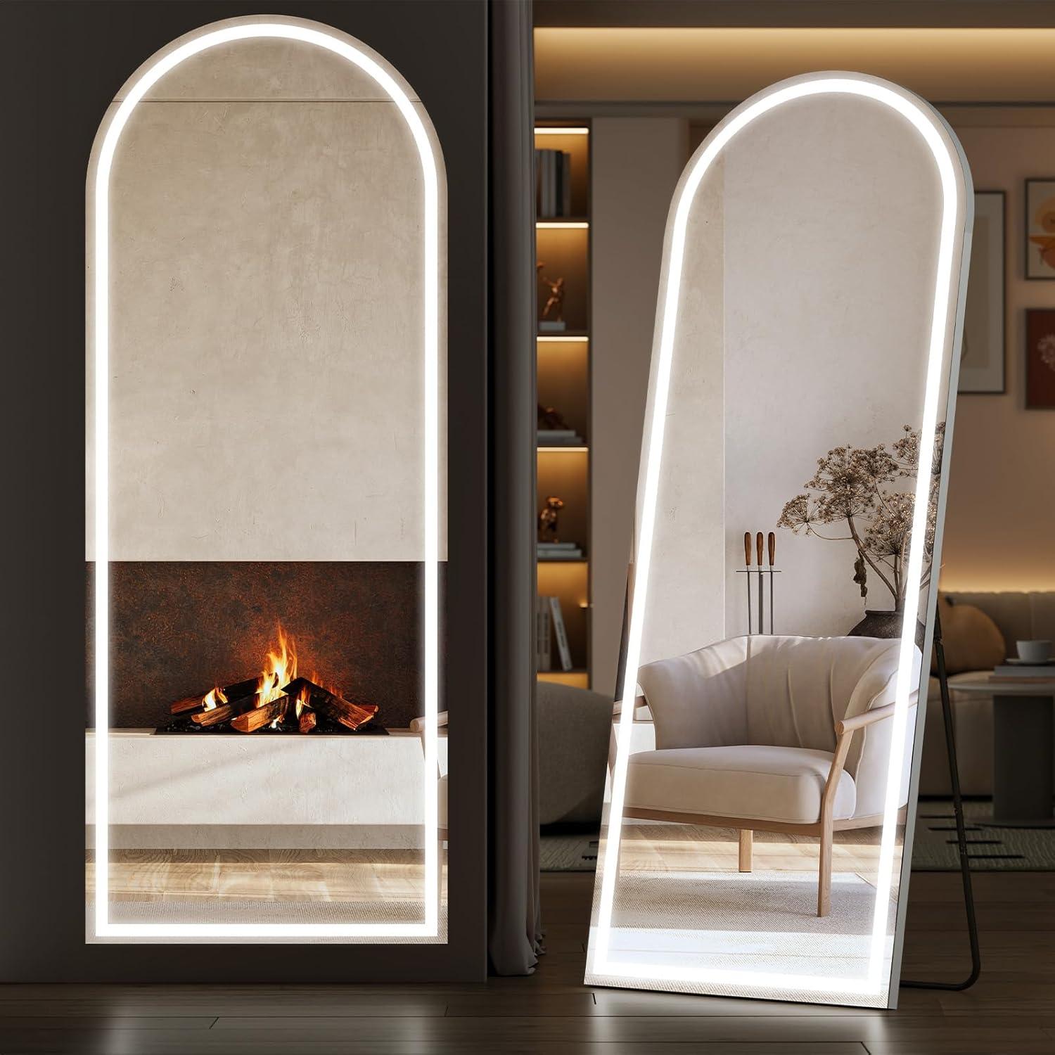 image:imageSweetcrispy Full Length Mirror with LED Lights 61x17 Lighted Floor Mirror with Dimming amp 3 Color Lighting Stand for Bedroom Dressing RoomArched