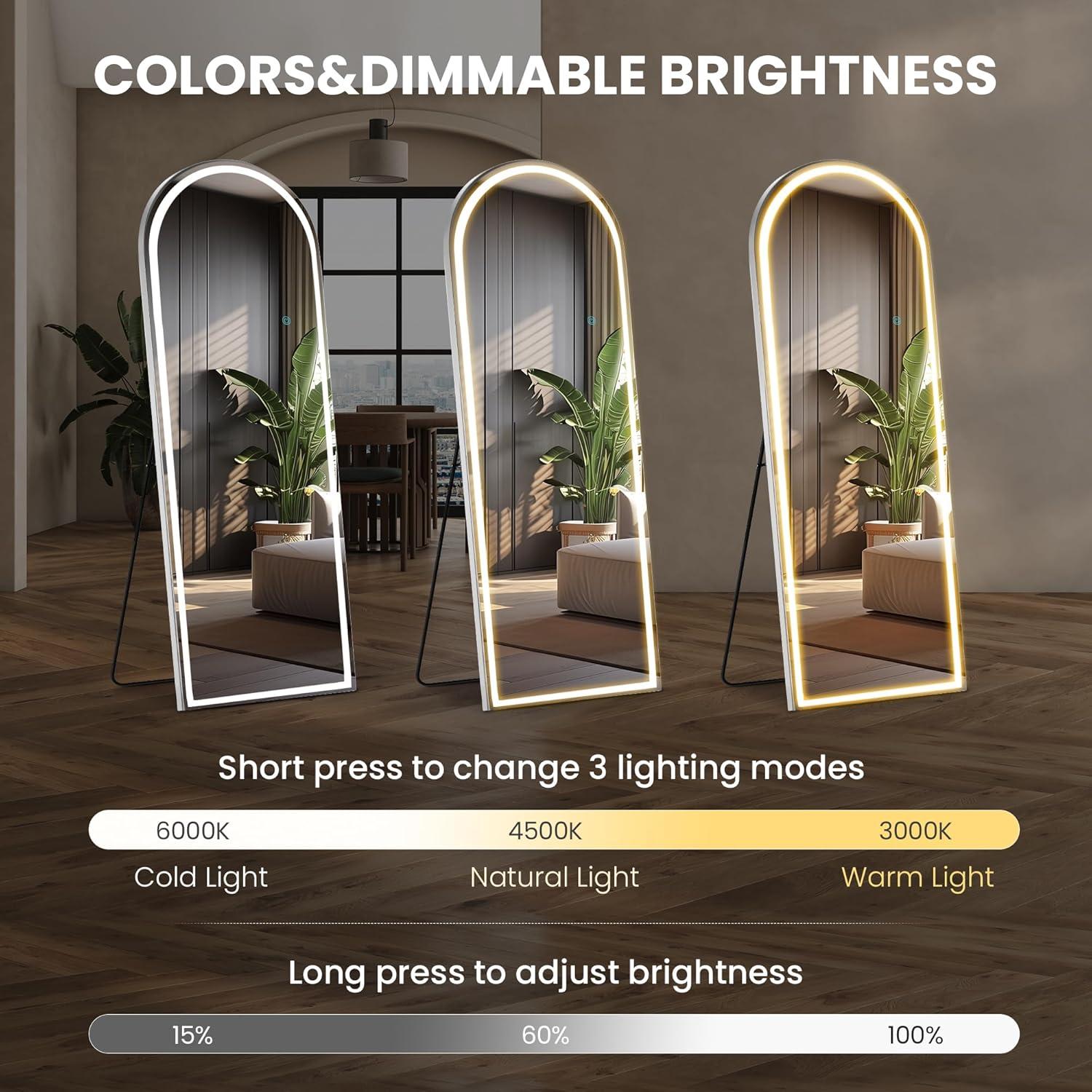image:imageSweetcrispy Full Length Mirror with LED Lights 61x17 Lighted Floor Mirror with Dimming amp 3 Color Lighting Stand for Bedroom Dressing RoomArched