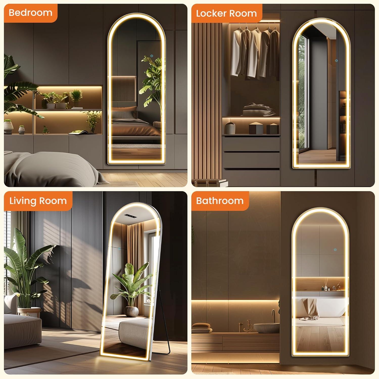 image:imageSweetcrispy Full Length Mirror with LED Lights 61x17 Lighted Floor Mirror with Dimming amp 3 Color Lighting Stand for Bedroom Dressing RoomArched