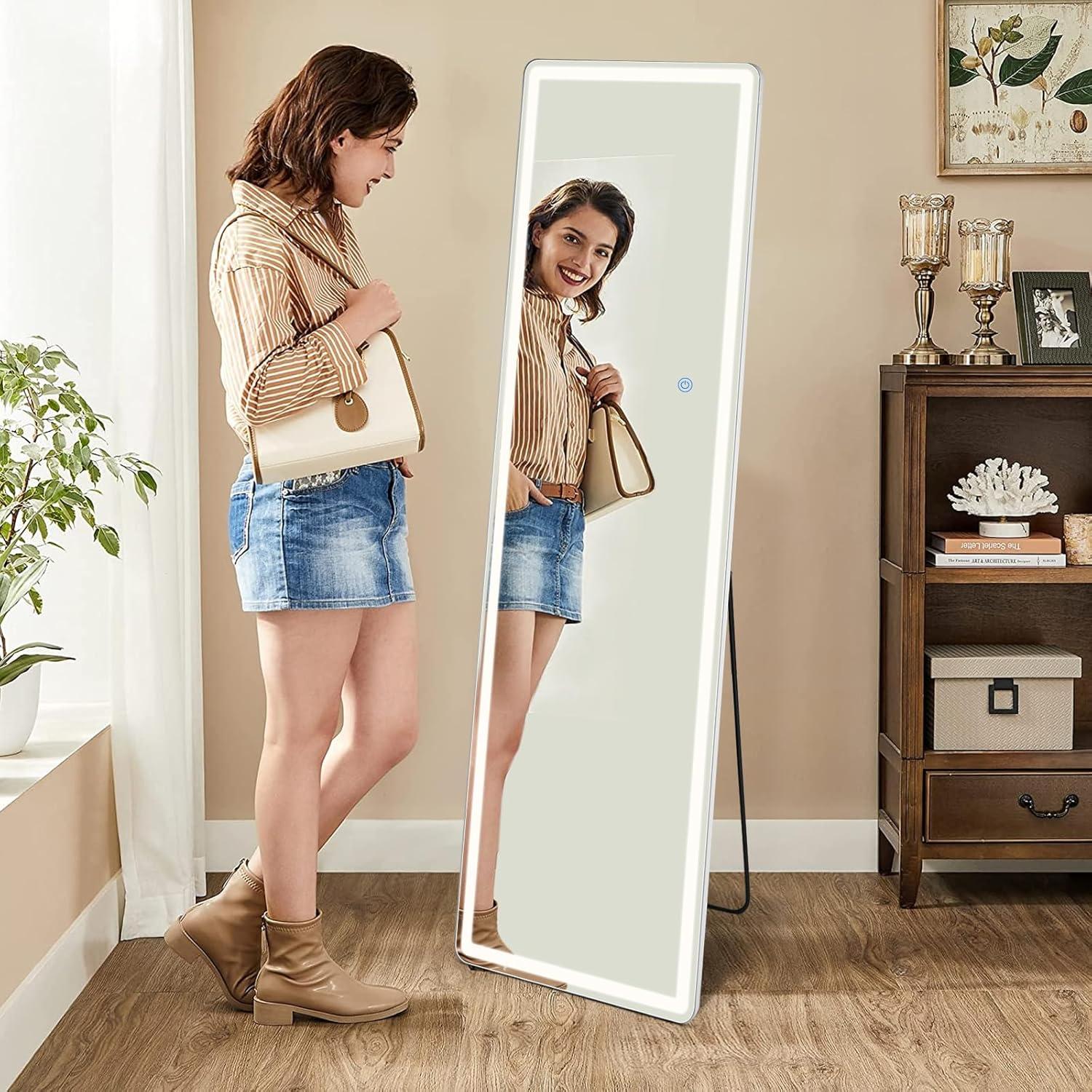image:imageSweetcrispy Full Length Mirror with LED Lights 61x17 Lighted Floor Mirror with Dimming amp 3 Color Lighting Stand for Bedroom Dressing RoomRectangular