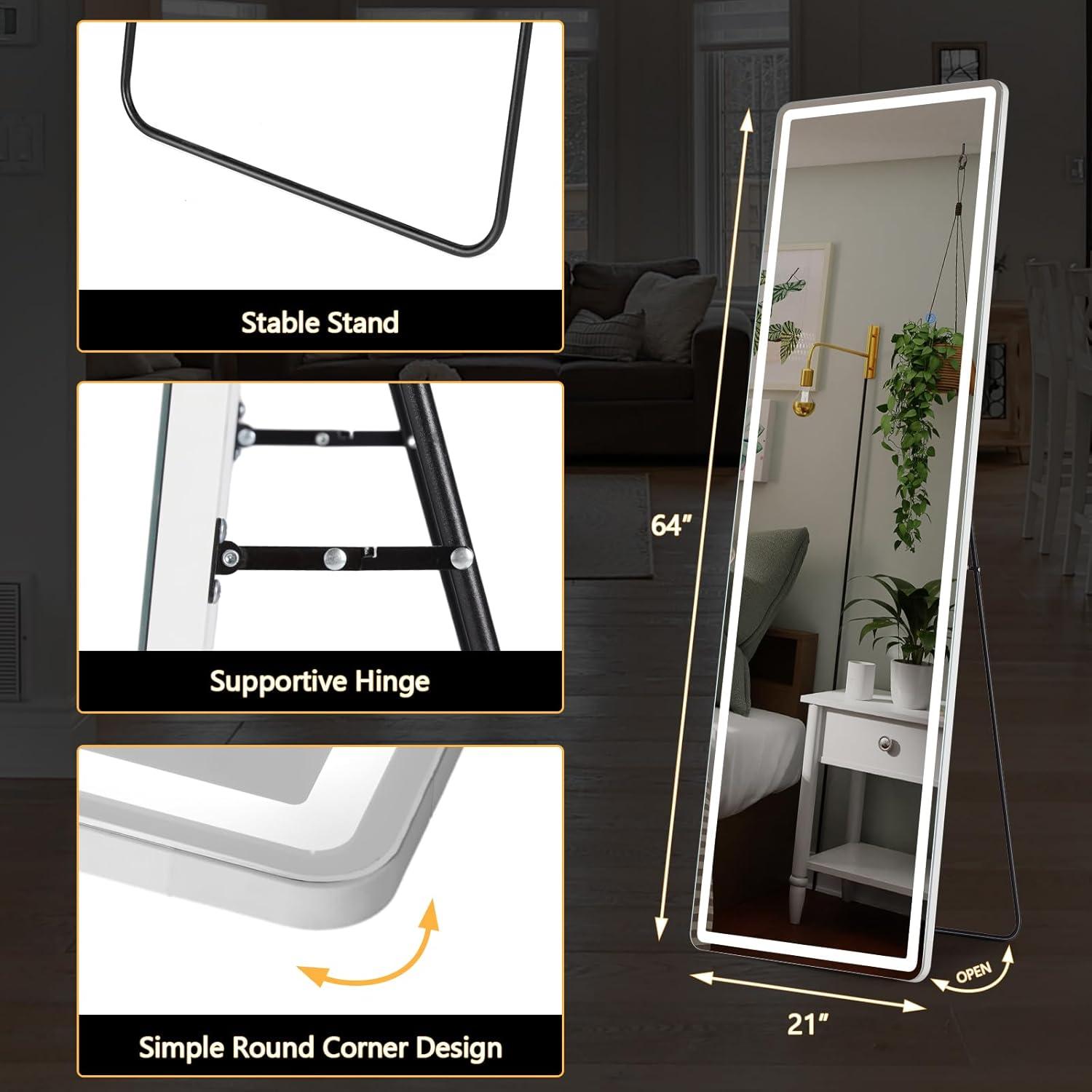 image:imageSweetcrispy Full Length Mirror with LED Lights 61x17 Lighted Floor Mirror with Dimming amp 3 Color Lighting Stand for Bedroom Dressing RoomRectangular