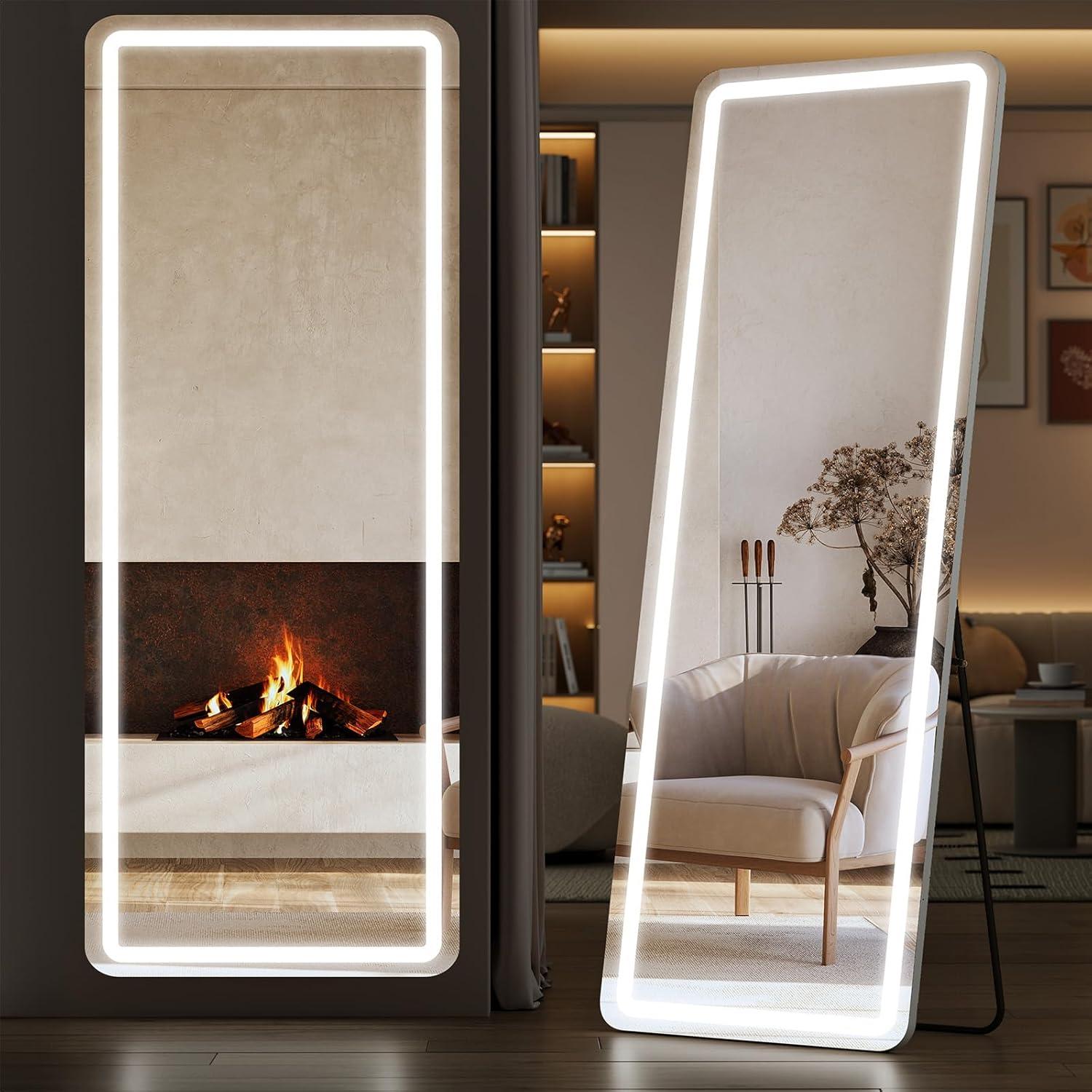 image:imageSweetcrispy Full Length Mirror with LED Lights 61x17 Lighted Floor Mirror with Dimming amp 3 Color Lighting Stand for Bedroom Dressing RoomRectangular