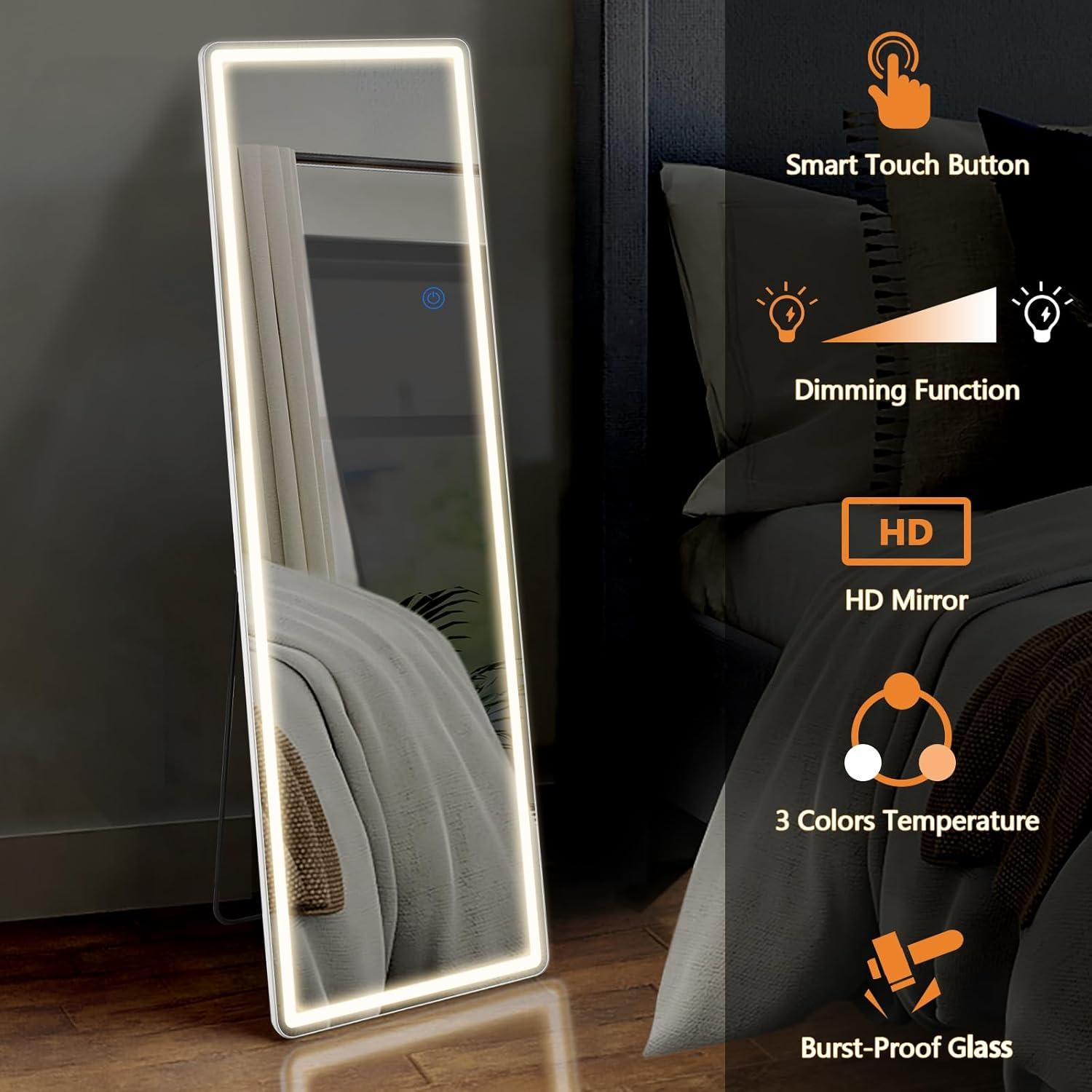 image:imageSweetcrispy Full Length Mirror with LED Lights 61x17 Lighted Floor Mirror with Dimming amp 3 Color Lighting Stand for Bedroom Dressing RoomRectangular