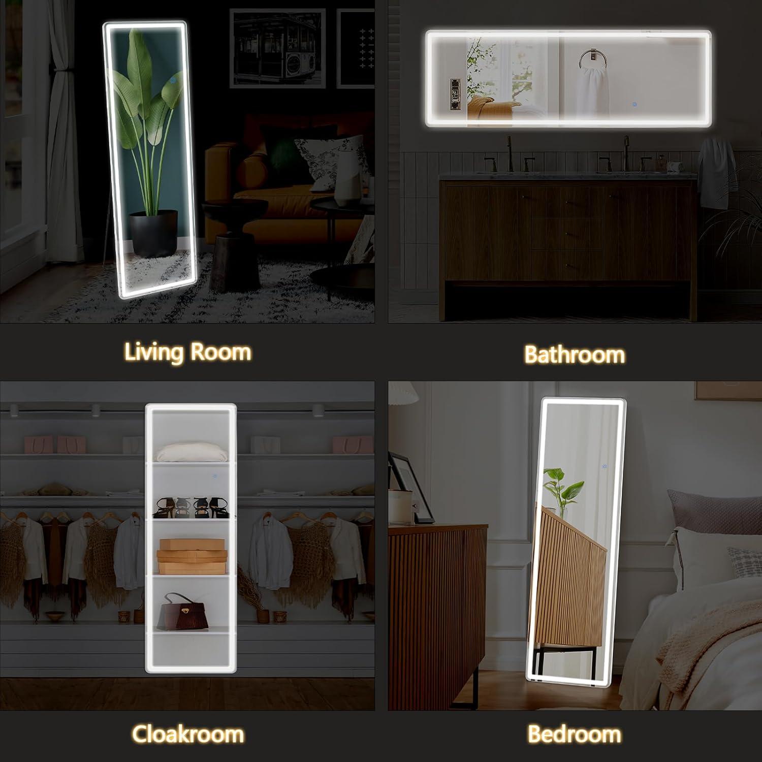 image:imageSweetcrispy Full Length Mirror with LED Lights 61x17 Lighted Floor Mirror with Dimming amp 3 Color Lighting Stand for Bedroom Dressing RoomRectangular