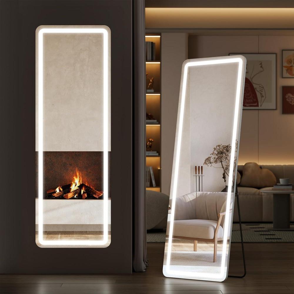 image:imageSweetcrispy Full Length Mirror with LED Lights 61x17 Lighted Floor Mirror with Dimming amp 3 Color Lighting Stand for Bedroom Dressing RoomRectangular