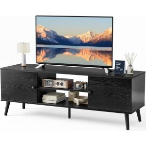 image:imageSweetcrispy TV Stand for 55 60 inch TV Modern Mid Century Entertainment Center with Storage Media Console Table 2 Cabinet Soft Hinge Handle Door Wooden Living Room Office Furniture BlackModern Black