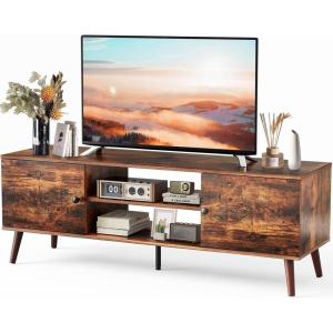 image:imageSweetcrispy TV Stand for 55 60 inch TV Modern Mid Century Entertainment Center with Storage Media Console Table 2 Cabinet Soft Hinge Handle Door Wooden Living Room Office Furniture BlackRustic Brown