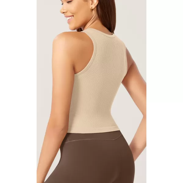 ODODOS 3Pack Seamless Crop Tank for Women Ribbed Soft High Neck Cropped TopsBeigecoralteal