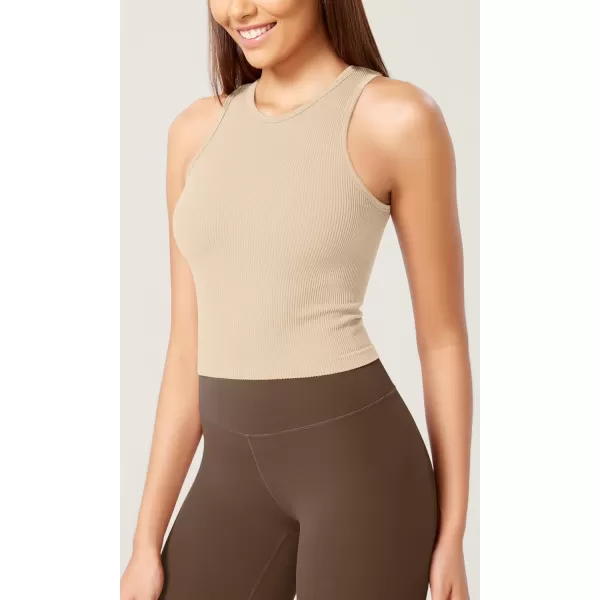 ODODOS 3Pack Seamless Crop Tank for Women Ribbed Soft High Neck Cropped TopsBeigecoralteal