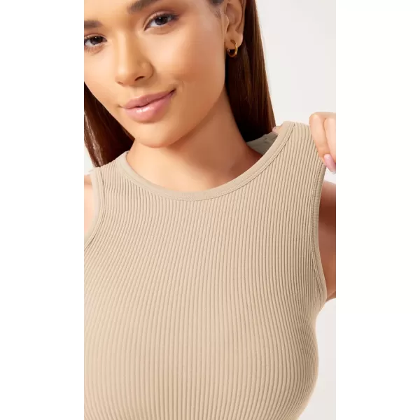 ODODOS 3Pack Seamless Crop Tank for Women Ribbed Soft High Neck Cropped TopsBeigecoralteal